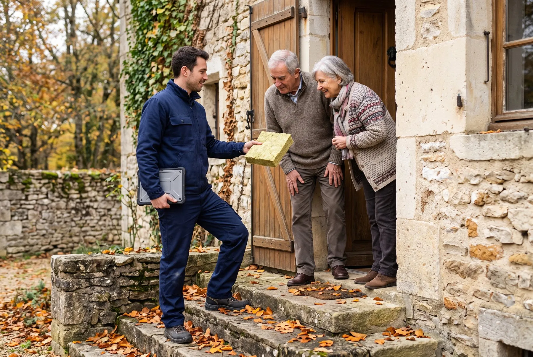 Artisan montrant un échantillon d'isolant à un couple de propriétaires lors de la visite