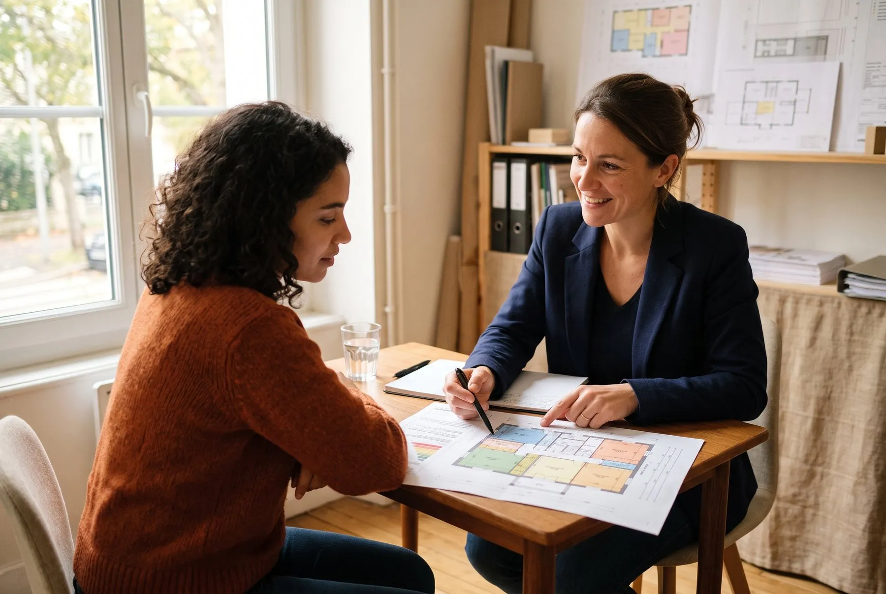 Conseiller expliquant un plan de financement de travaux d'isolation à un couple