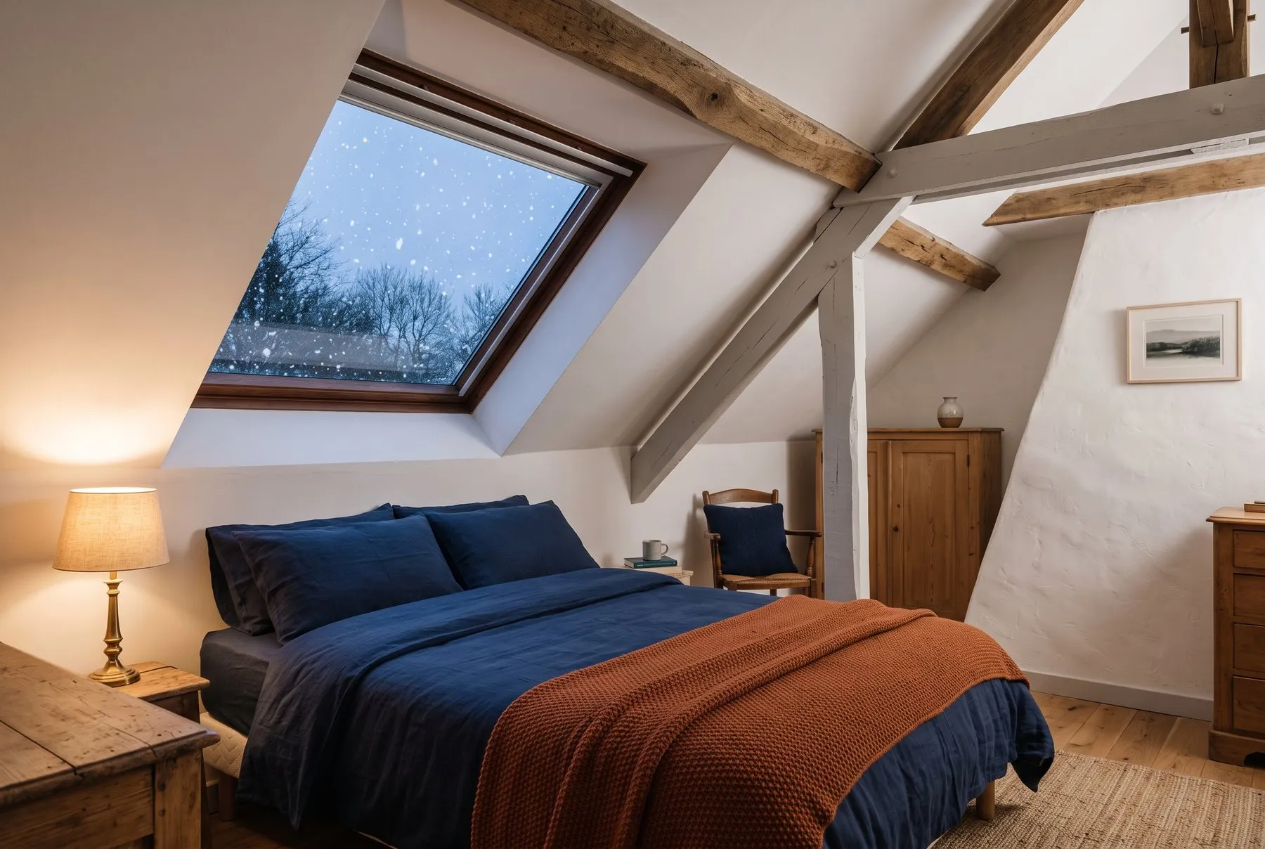 Chambre sous les toits isolée, chaleureuse, un soir d'hiver
