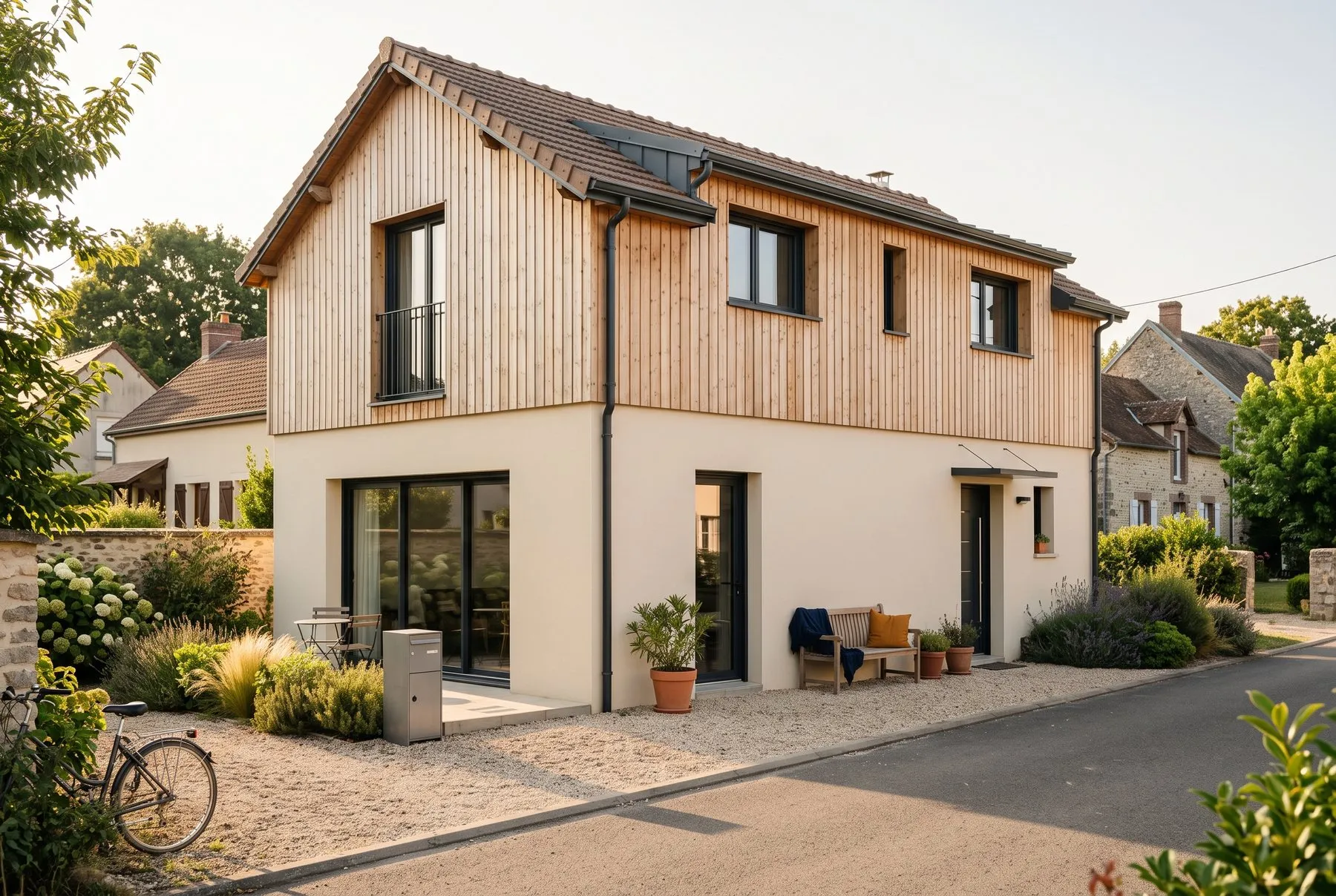 Maison rénovée avec étage en bardage bois sur isolation extérieure