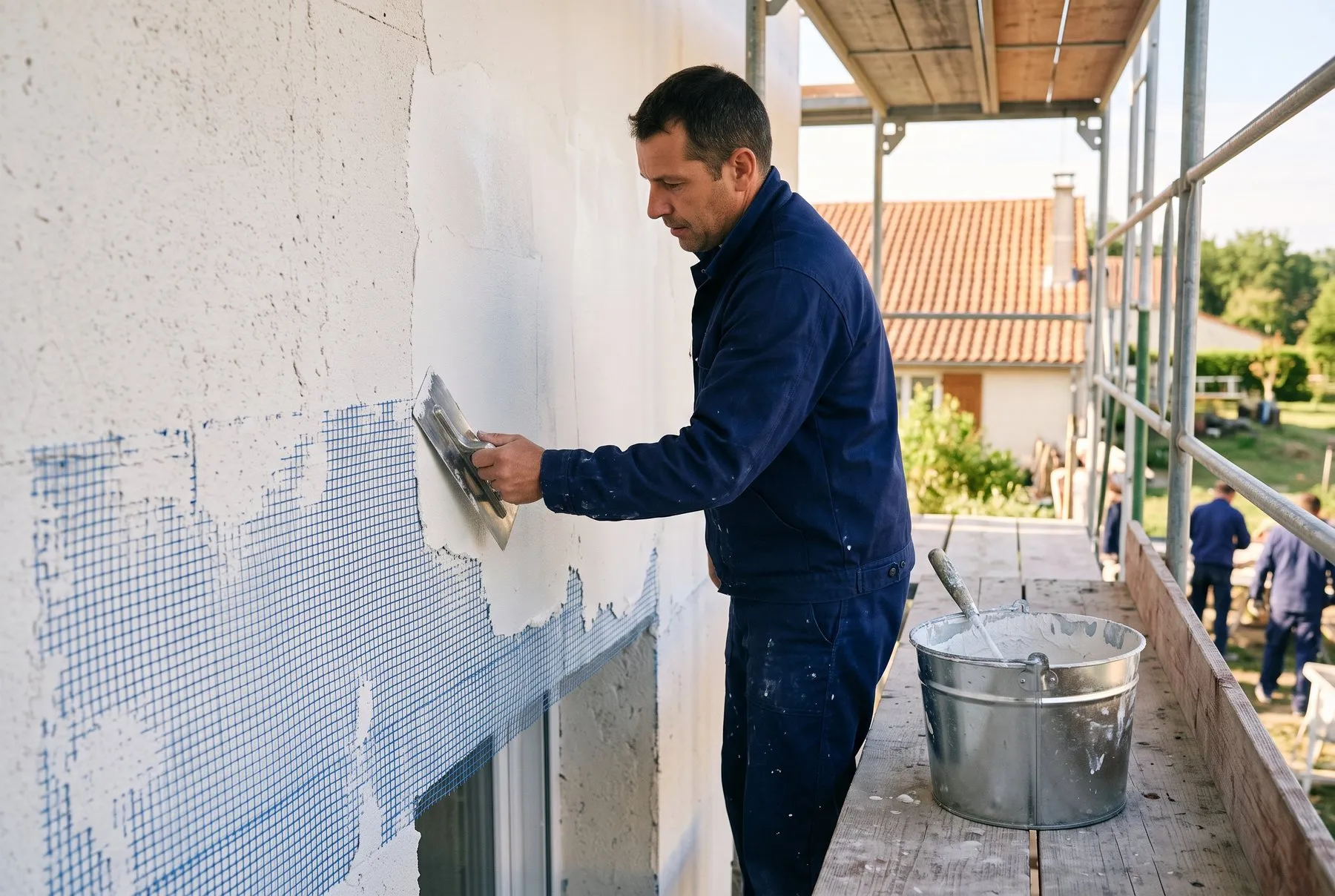 Application de l'enduit de finition sur le treillis d'une façade isolée