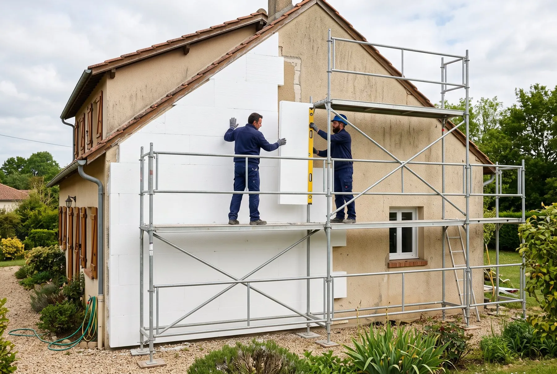 Deux artisans posent des panneaux isolants sur le pignon d'une maison depuis un échafaudage