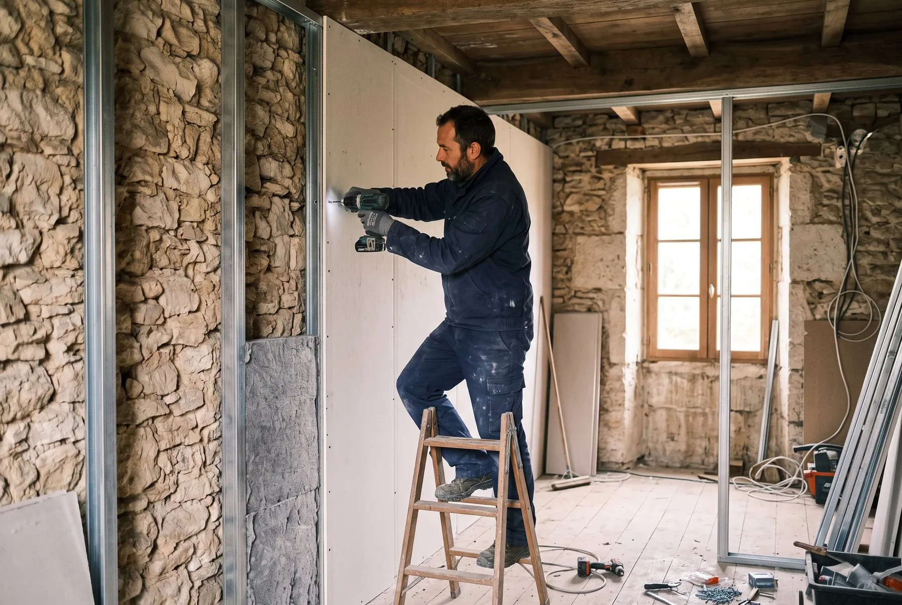 Artisan vissant un doublage isolant sur ossature contre un mur en pierre