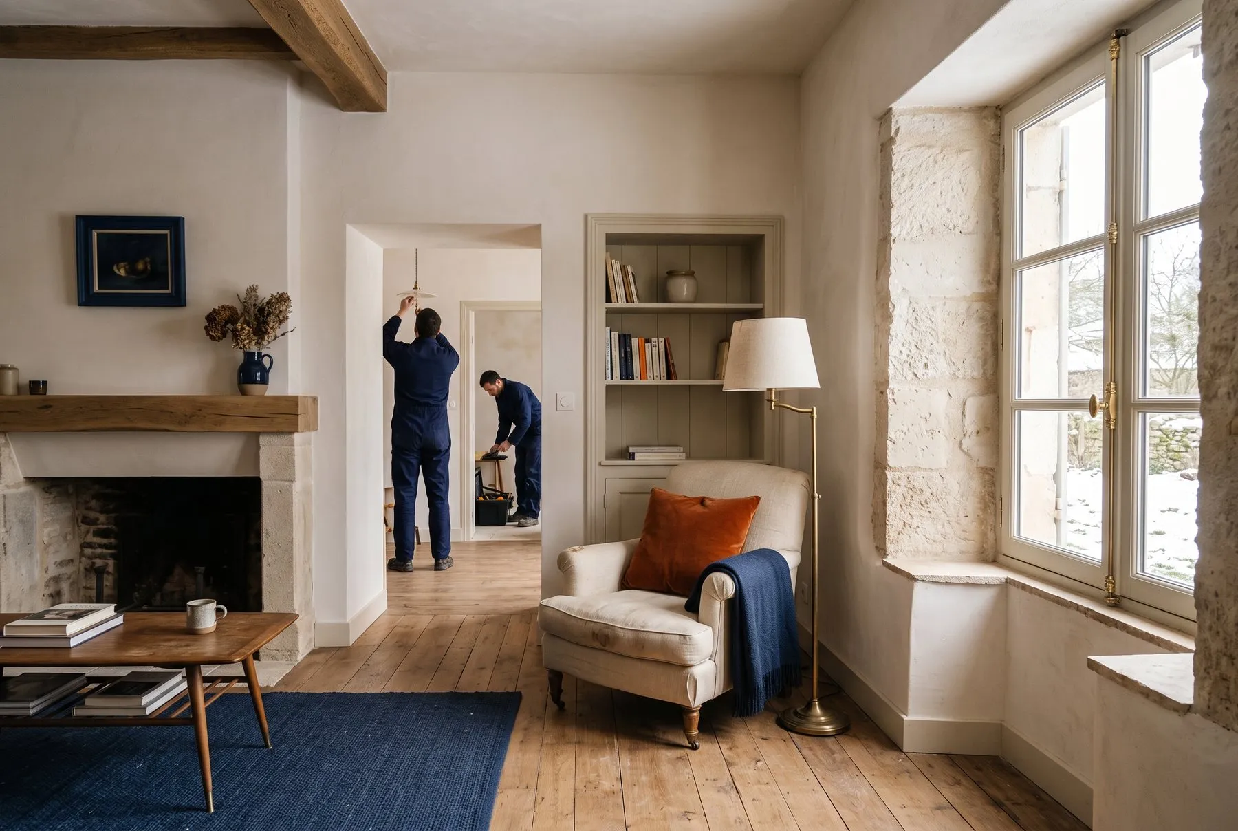Salon rénové aux murs isolés dans une maison ancienne