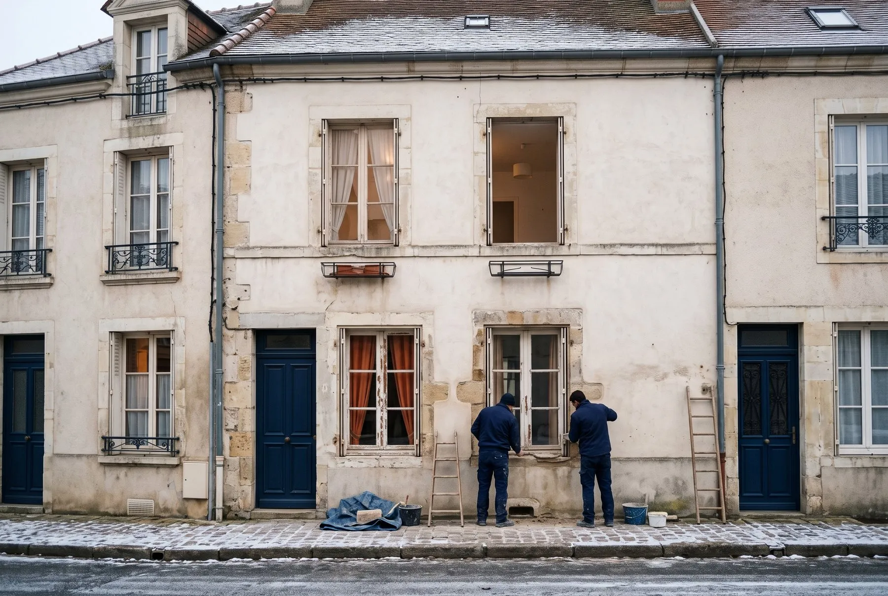 Petite maison ancienne aux fenêtres simple vitrage un matin d'hiver