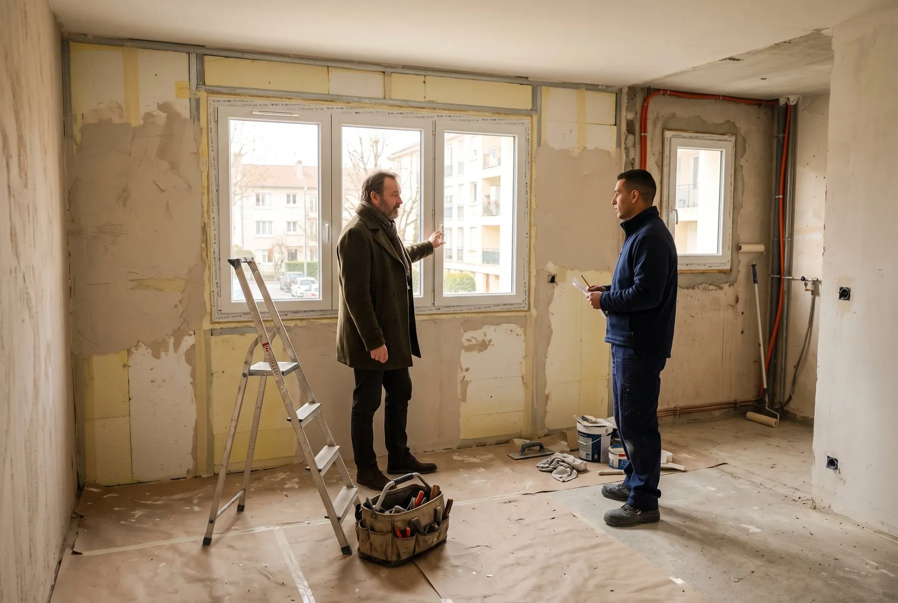 Appartement locatif en rénovation énergétique, propriétaire et artisan près d'une fenêtre neuve