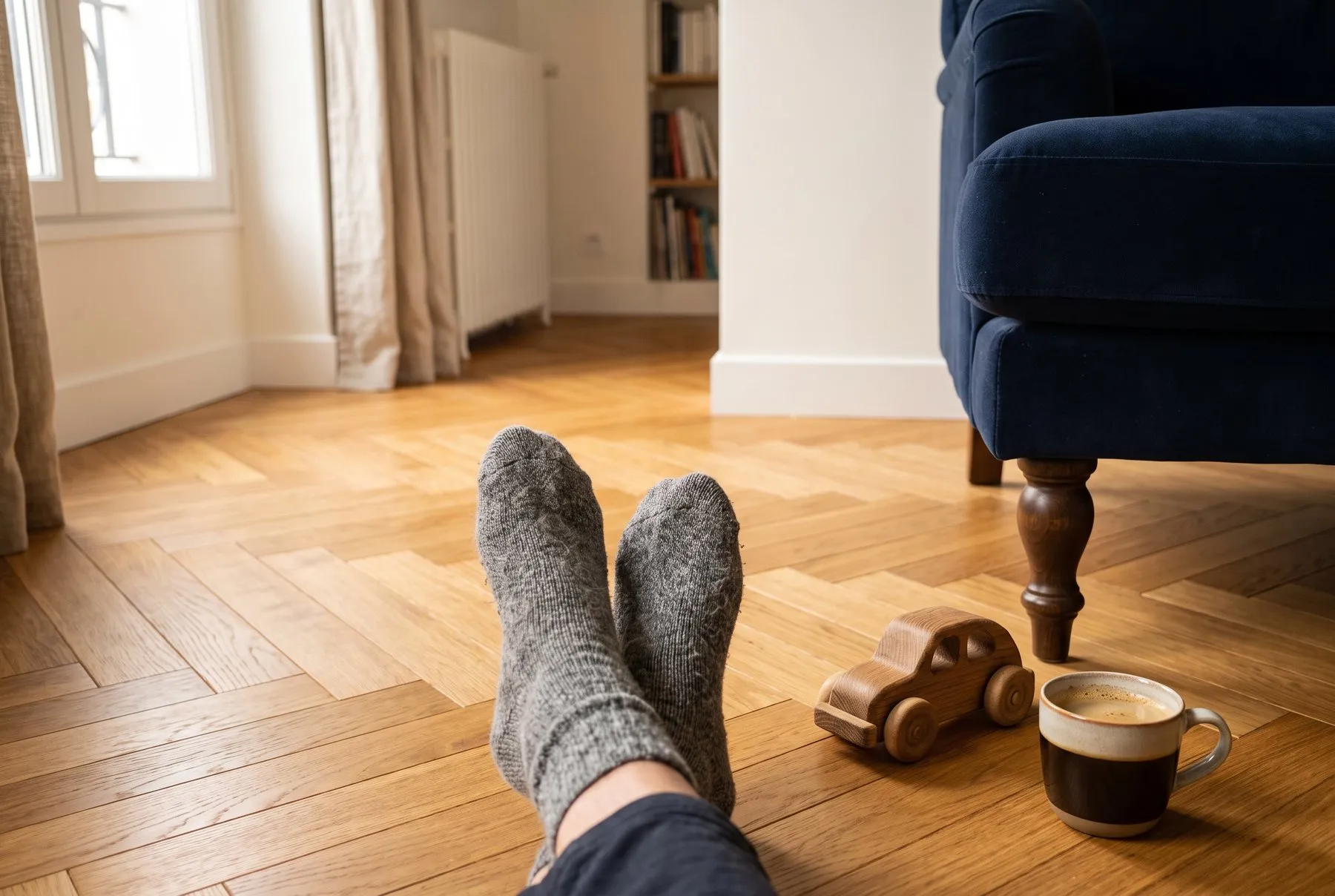 Pieds en chaussettes de laine sur un parquet chaud