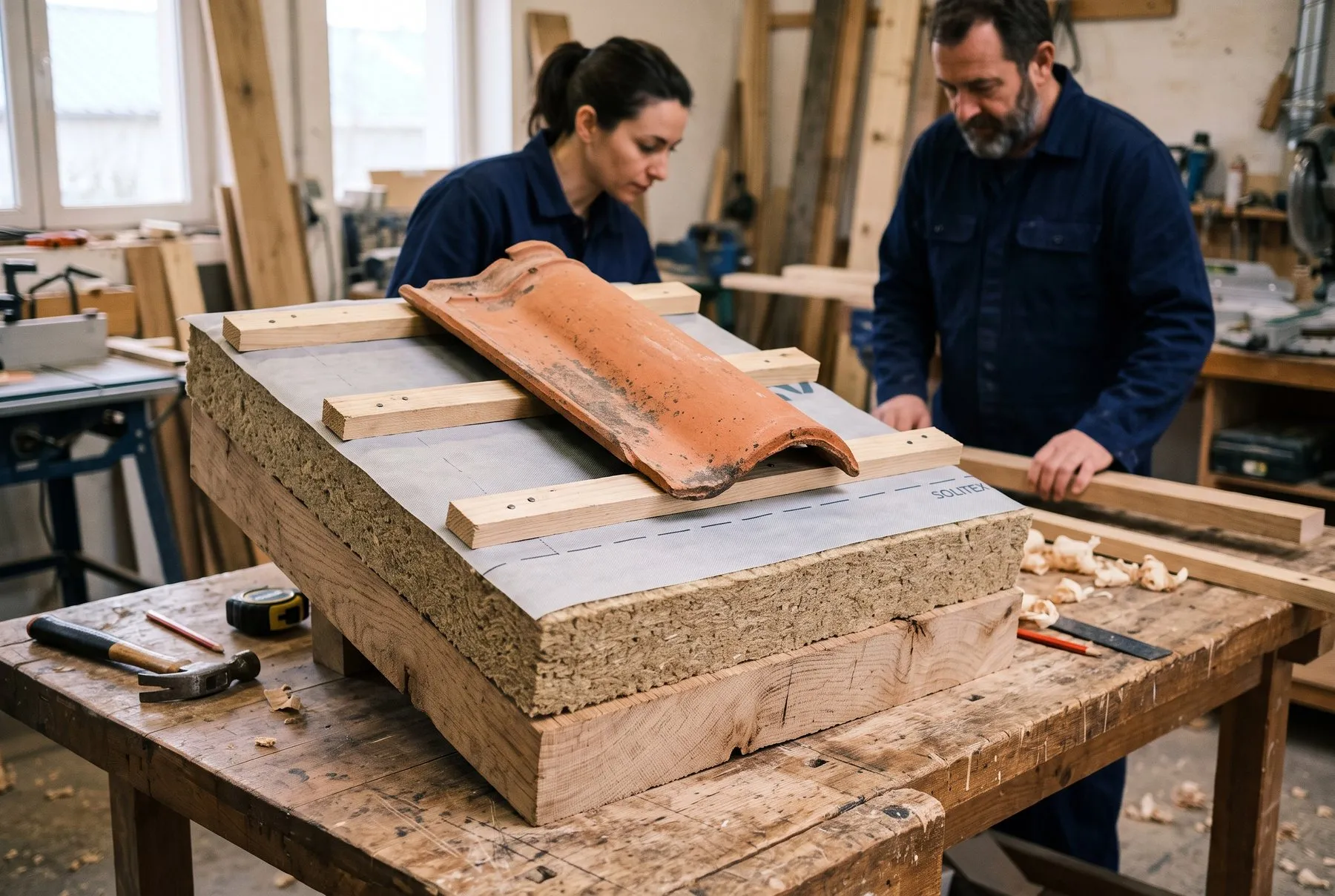 Échantillon en coupe d'une toiture isolée : chevron, fibre de bois, écran, liteaux, tuile