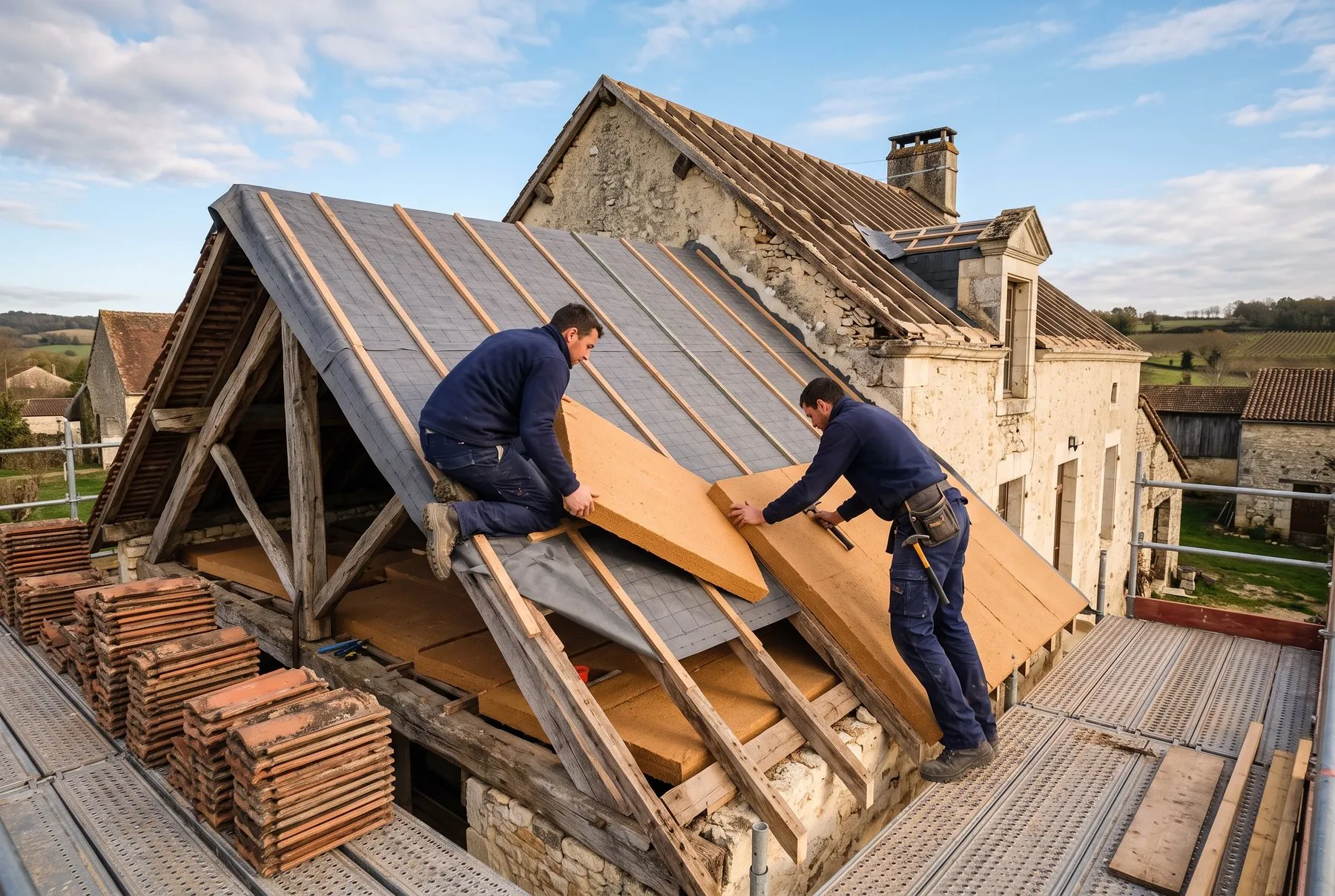 Couvreurs posant des panneaux de fibre de bois sur les chevrons d'une toiture (sarking)