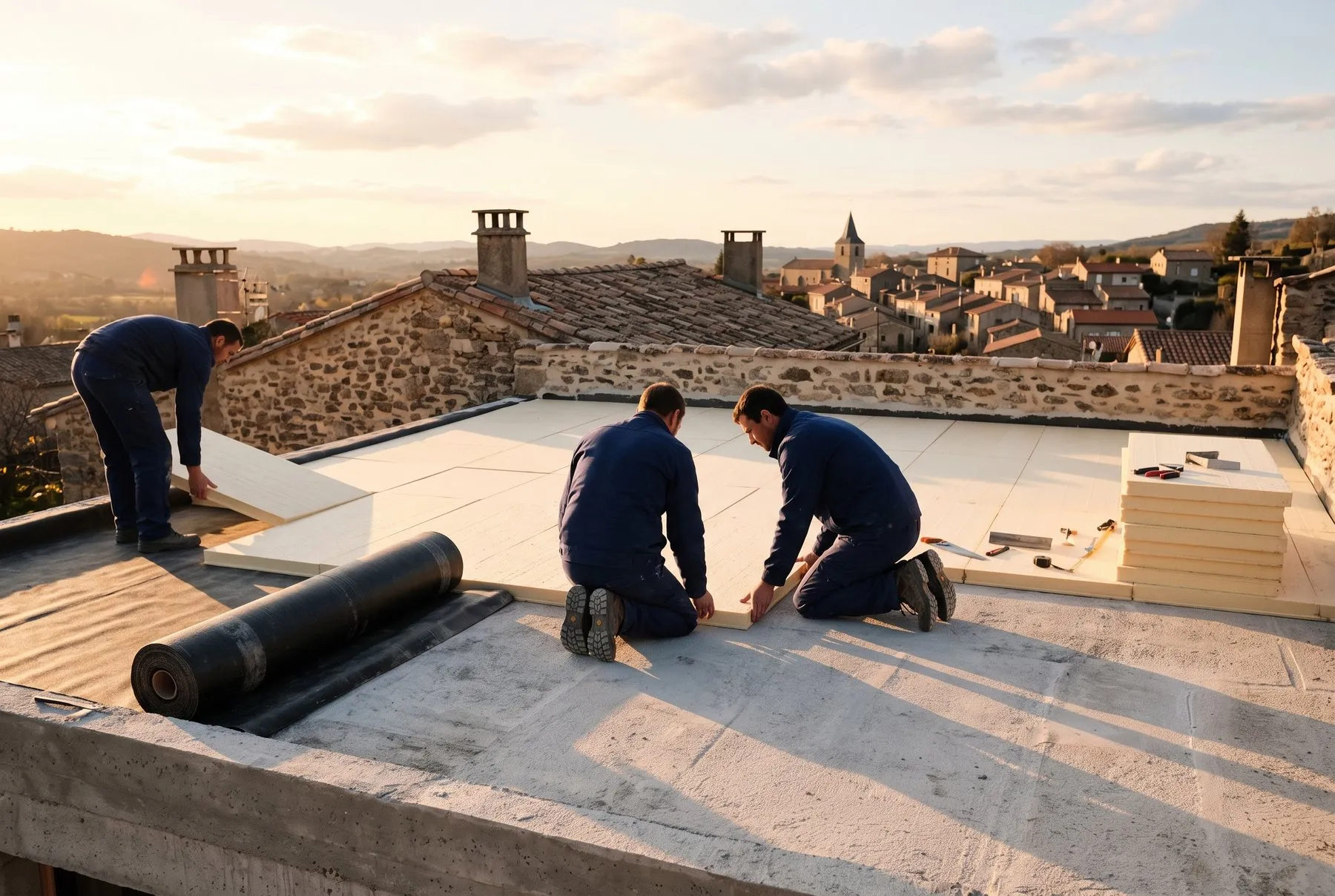 Pose de panneaux isolants sur un toit terrasse en fin de journée